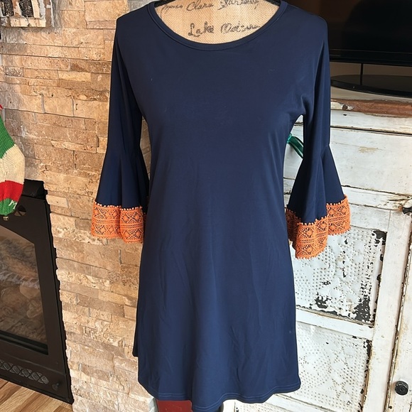 Judith March navy straight line dress 3/4 orange crochet bell sleeves lined boho - Picture 1 of 16